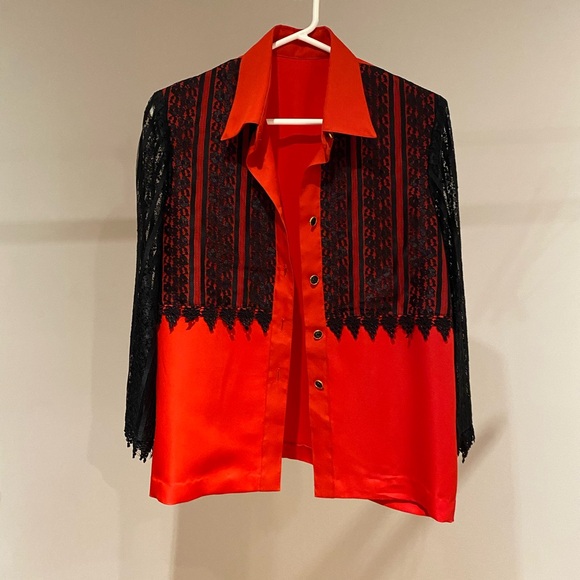 Red & black lace button down, long sleeve blouse. Size medium - Picture 2 of 12